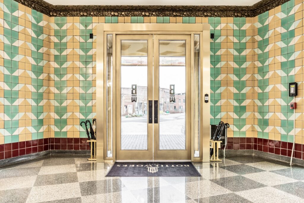 Art deco tiles and doors of the Bottleworks Hotel