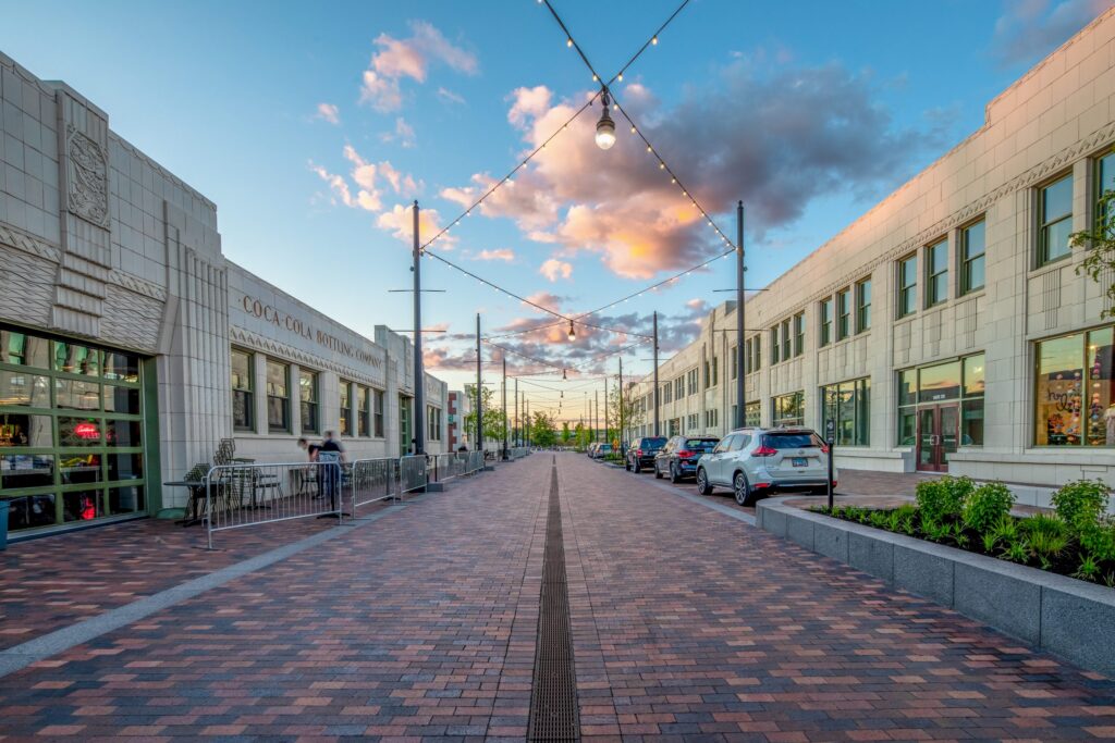 Bottleworks district storefronts along carollton avenue
